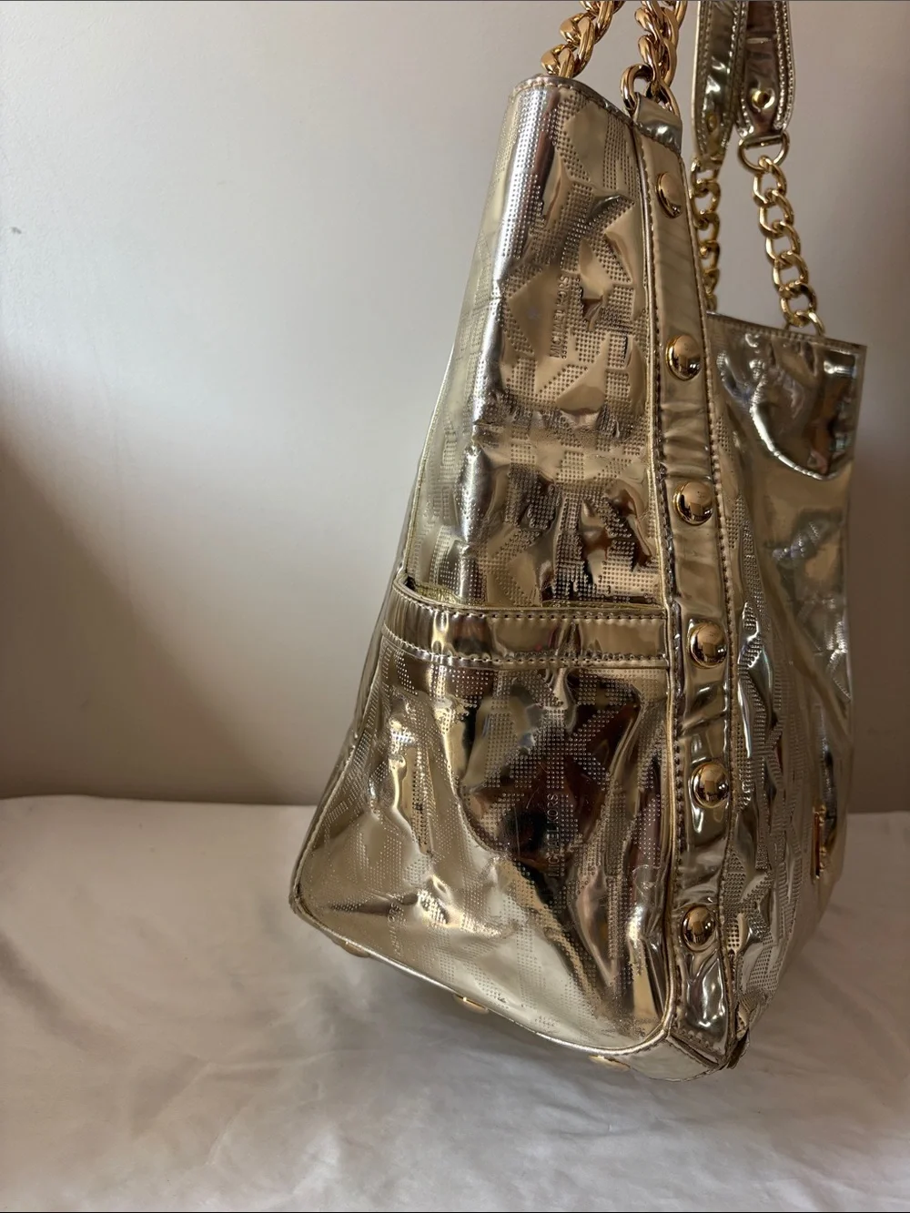 Michael Kors Shiny Metallic Gold Logo-Embossed Tote